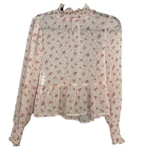 Francesca's Floral Swiss Dot‎ Blouse Ruffle Neck Long Sleeve Top XS